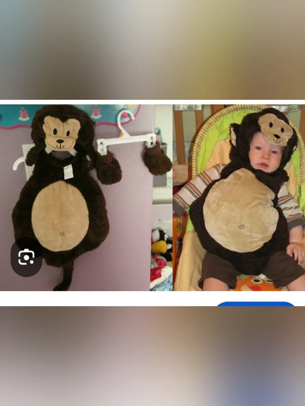 Brown Plush Fluffy Easy On Monkey Body Costume Matching Hat And Slippers 6-18 M